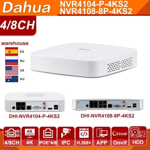 Dahua Original 4K 4CH 8CH NVR NVR4104-P-4KS2 NVR4108-8P-4KS2 POE NVR Network Video Recorder with IVS HD 8MP for IP Camera