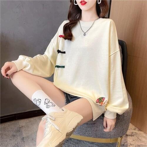 2021 Autumn Korean Sweatshirt Long Sleeve Round Neck Loose Thin Design Top Hoodie Chinese Style