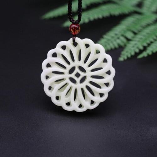 Chinese Natural White Jade Pendant Necklace Double-sided Hollow Out Carved Charm Jewelry Fashion Amulet for Men Women Gifts