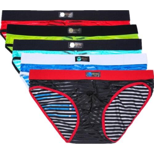Sexy Underwear Men Pouch Striped Mesh Male Panties Sexy U Convex Briefs Slip Sexy Man Panty Plus Size M-XL