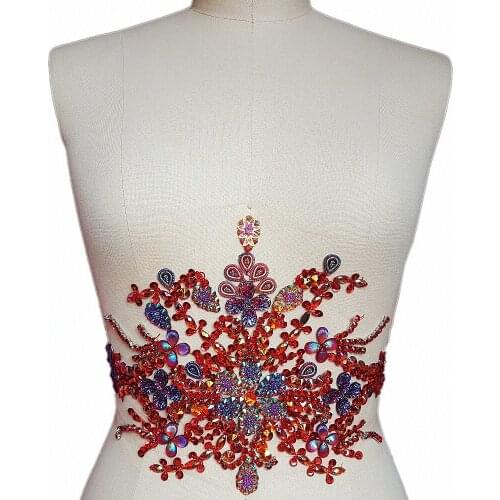 GORGEOUS 22x35cm Hand Beaded Sew on Red Rhinestones Appliques Patches Waist Applique Crafts Belt for Wedding Dress Decorations