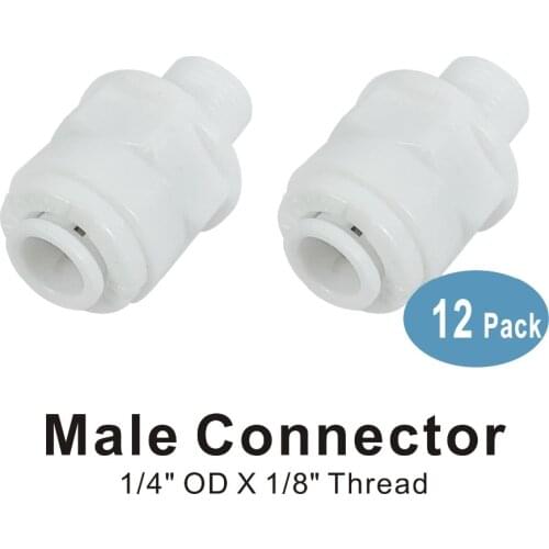 Male Connector 1/8" Thread x 1/4" Tube Quick Connect fitting parts for Water Filters and Reverse Osmosis RO Systems - 12 Pack