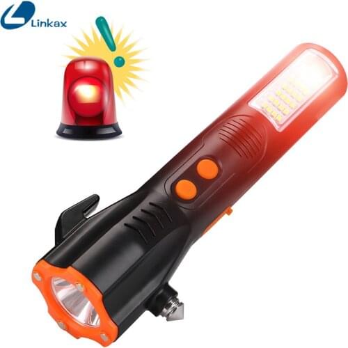 LED Multi-function Emergency Tool Flashlight With Magnet 18650 Battery Warning sound USB Rechargeable Flashlight