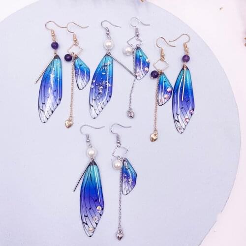 Temperament Fairy Long Butterfly Earrings Dreamy Gradient Color Asymmetric Wings Drop Earrings Romantic Wedding Bridal Jewelry