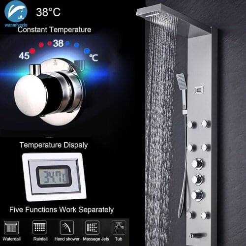 Thermostatic Shower Panel Tower Shower Faucet Stainless Steel Shower Column Digital Temperature display Jets Body Massage System