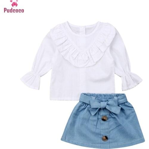 Spring Autumn Toddler Kids Baby Girl White Long Sleeve Ruffle Tops+Denim A-Line Skirts Outfits Sets 1-5 Y 2pcs Clothes Set