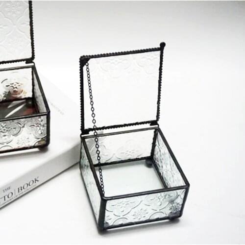Vintage Square Rectangle Jewelry Box Nostalgic Carved Flower Ornament Storage Box Jewelry Box Black Glass Decoration Box