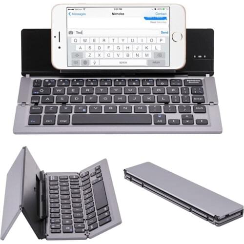 Vococal Portable Foldable Folding Aluminum Bluetooth-compatible Wireless Keyboard with Stand for IOS Android Smartphones Tablets