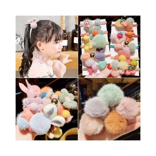 High Quality Elastic Tie Hair Rubber Band Plush Handmade Fuzzy Flower Fruits Animal Rabbit Cute Hair Ball Hair Ring Headwear