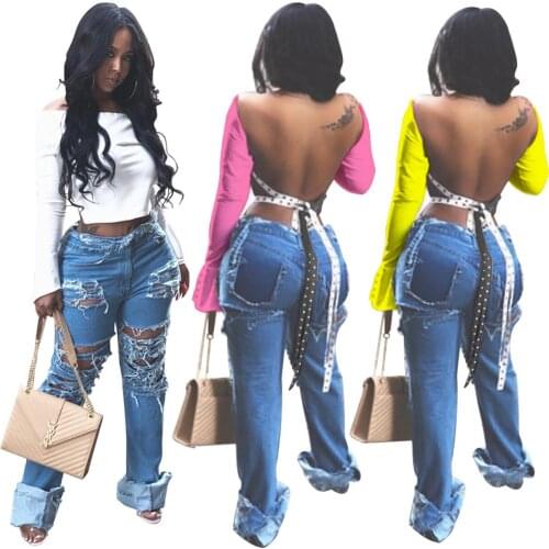 Women T-shirt Sexy Open Back Slash Neck Sashes Flare Sleeve Tshirt Autumn Casual Solid Slim Long Sleeve Short Tees
