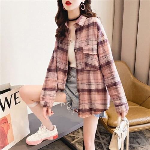 Zoki Plaid Women Shirt Spring Long Sleeve Korean Girls Blouse Casual Pink Cotton Turn Down Collar Streetwear Ladies Pocket Tops
