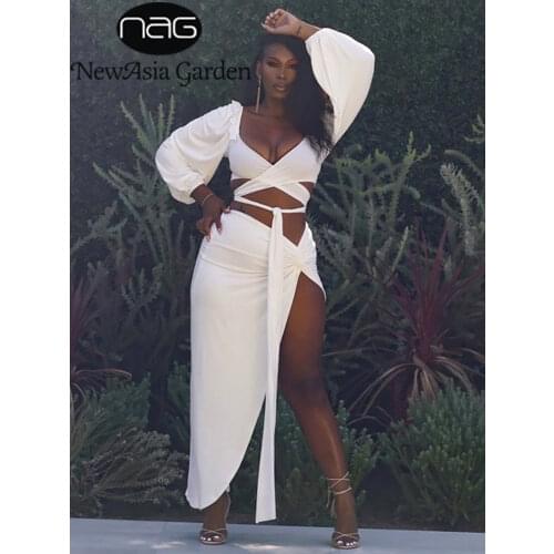 Newasia Casual Two Piece Set Women Autumn V-Neck Ruffles Long Lantern Sleeve Crop Top Twist Long Skirts 2 Piece Sexy Club Outfit