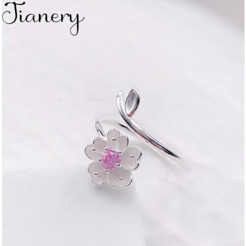 JIANERY Romantic Boho Silver Color Pink Crystal Flower Rings for Women Christmas Gift Statement Jewelry Anillos Mujer