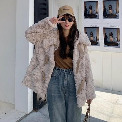 Korean Loose Thicken Large Lapel Chic Belt Buckle Women Short Faux Lambswool Fur Coat Winter New Plus Size Warm Outerwear Female
