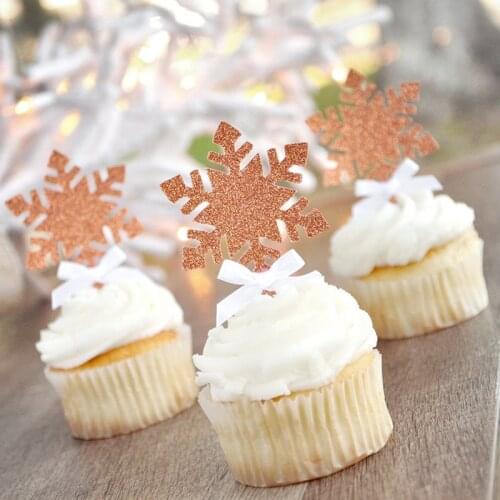 10pcs Birthday Party Snowflake Cupcake Picks Glitter Rose Gold Snowflake Toppers Winter Cupcake Toppers For Party supplies