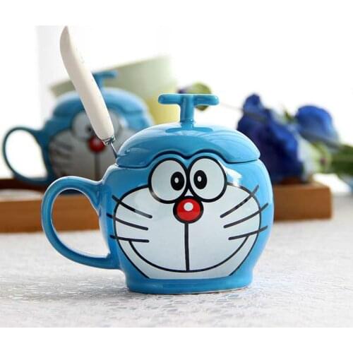 350ml Doraemon Coffee Mug with Lid and Spoon Simple Cartoon Doraemon Ceramic Tea Milk Cup Breakfast Children Birthday Gift Cup