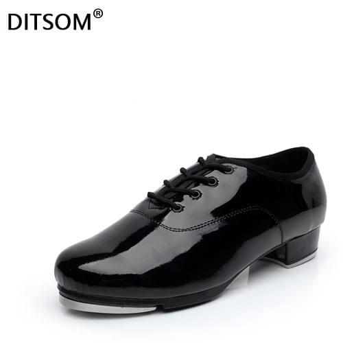 Shiny Patent Leather Classic Lace-up Jazz Tap Shoes for Men Women Middle Heel 3.5cm Jazz Clogging Shoe Size EU34-EU45