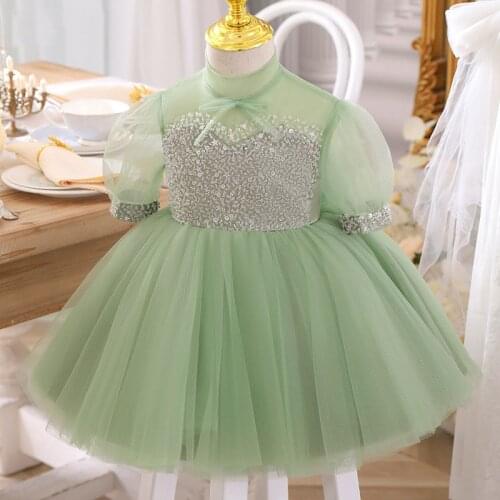 Flower Girl Elegant Dress Children Birthday Baptism Party Sequins Dresses For Kids Lace Bow Green Frocks Girls Boutique Dresses