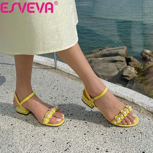 ESVEVA 2021 String Bead Cow Patent Leather Female Pumps Elegant Buckle Sandals Summer Square Heel Women Shoes Size 34-39