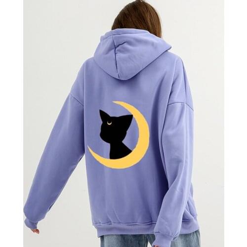 Harajuku Hoodies Female Japanese Anime Printed Hoodie Streetwear Moon and Cat Ulzzang Aesthetic Pullover Plus Size Sweatshirt