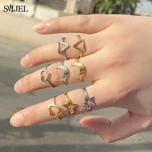 Multiple Stainless Steel Rings for Women Fashion Geometric Triangle Crescent Moon Heart Ring Couple Jewelry Accessories Bagues