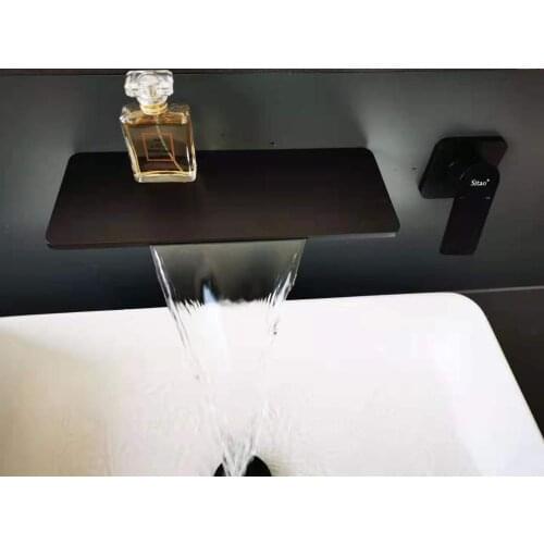 Newest top quality all brass waterfall bathroom sink faucet big platform cold hot water basin mixer faucet with Embedded box