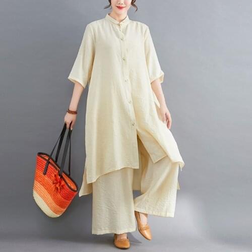 2021 Summer Plus Size Two Pieces Set Linen Tang Suit Chinese Style Clothing Women Tops Loose Wide Leg Pants Female Suit 30745