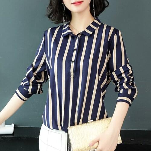 Fashion Stripe Chiffon Shirt Women 2020 Autumn New Womens Long Sleeve Lapel Bottoming Shirt OL Office Lady Shirt Large Size 3XL