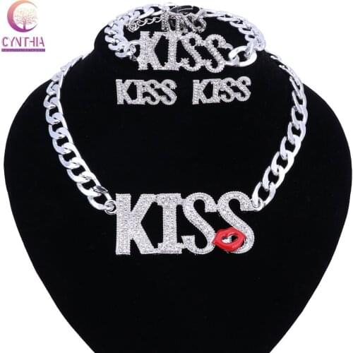 Fashion Initial Letter kiss Bling Crystal Pendants Party Gift Necklace Bracelet Earring Ring silver color jewelry sets