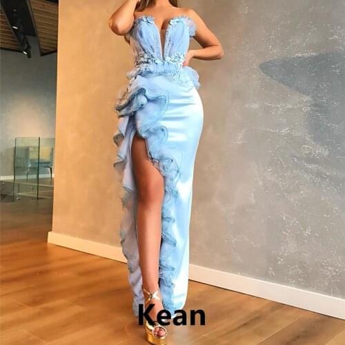 Sky Blue Slit Mermaid Muslim Evening Dress Deep-V Ruffle Special Occasion Islamic Dubai Kaftan Saudi Arabic Boho Prom Dress