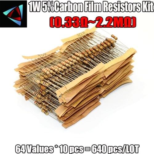 640pcs 64 Values 0.33R - 2.2MOhm 1W 5% Carbon Film Resistor Assorted Kit Set