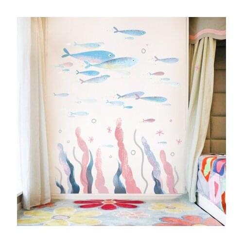 Seaweed Fish Stocks Wall Stickers Kids Room Wall Corner Line Ocean Waterproof Wallpaper Self-adhesive Bathroom Living Room Decor