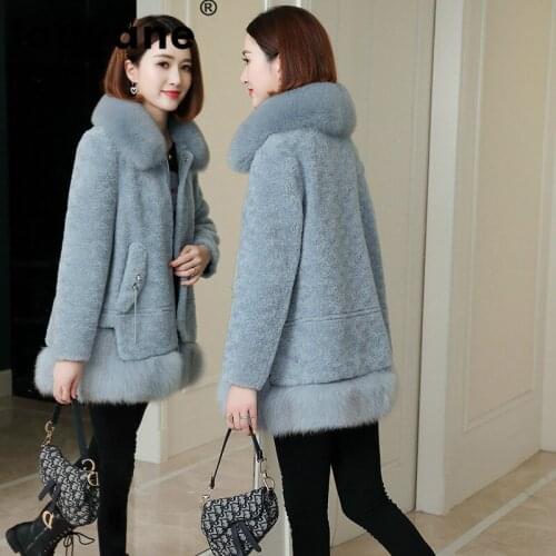 Real Coat Fur Female Winter Natural Fox Fur Collar Jacket Women Korean 100% Sheep Shearing Coats Wool Jackets Fur Tops DNLS19078