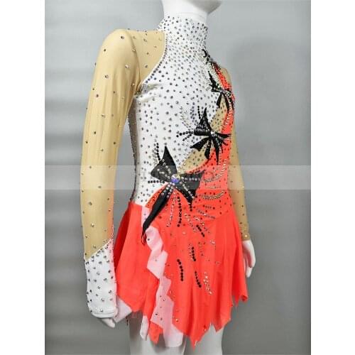 Customized childrens and womens adult figure skating costume, bow tie style, orange white collocation