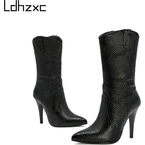 LDHZXC High Heel Mid-calf Boots Pointed Toe Women Boots Leopard Stretch Suede Winter Mid Calf Boots Size 34-43