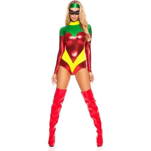 Sexy Superhero Halloween Costume For Women Role-play Costumes Wet Look PVC Vinyl Leather Long Sleeve Bodysuits Sex suit