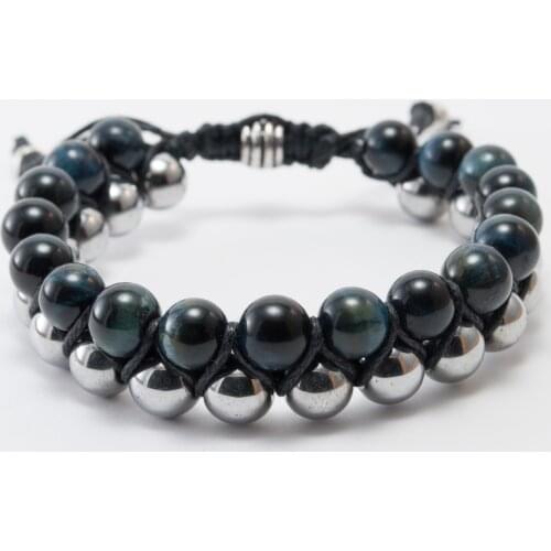 Navy blue Tiger 'S Eye And Hematite Natural Stone Double Row Knitting Bracelet