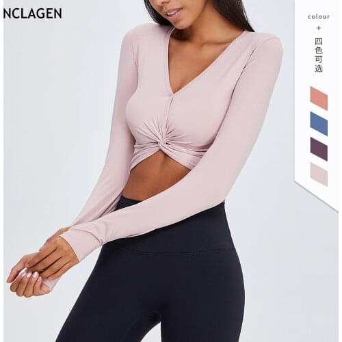 NCLAGEN Yoga Shirts Women Long Sleeve V-neck Sexy Fitness Top Sports Pullover Training Workout Running Dry Fit Gym Crop Top