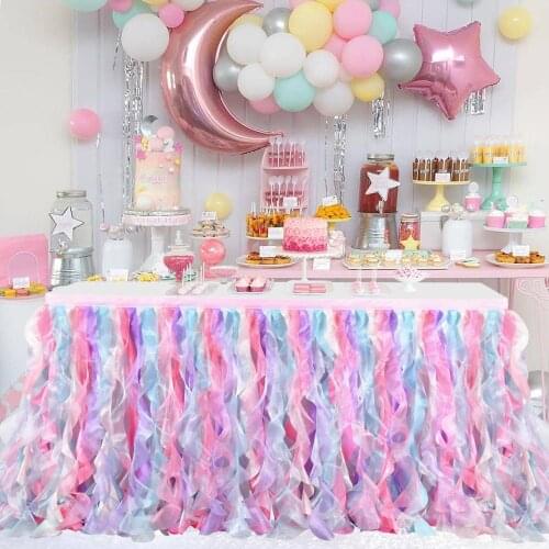 Table Skirt Tulle Tutu Unicorn Multicolor Rags Table cloth 6ft 9ft Birthday Baby Shower Wedding Party Decorations Table Skirting