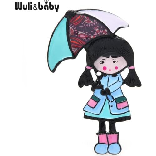 Wuli&baby Enamel Umbrella Girl Brooch Pins Women Black Hair Cute Girl Women Brooches 2021 New Year Accessories Gift