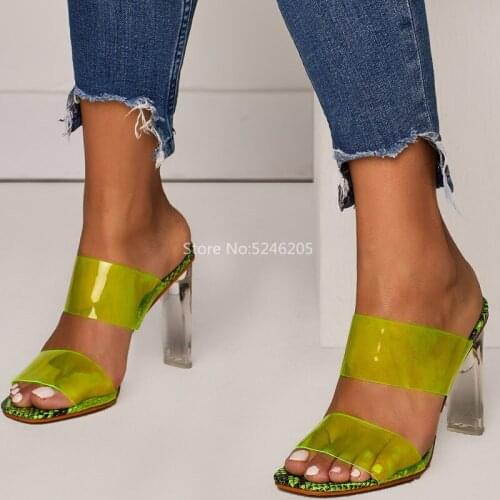 Hot Selling Green PVC Sandalias Mujer Lucite High Heels Women Sandals Mules Women Shoes Open Toe Party Women Shoes