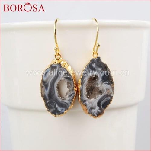 BOROSA Free-form Natural Stone Druzy Slice Earrings Gold Bezel Stone Bead Dangle Earrings Drop Earrings Gems for Women G0516