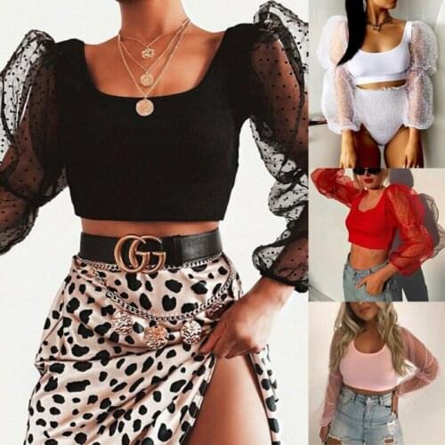 UK Women Dot Print Cropped Tops See Through Tee T-shirts Mesh Puff Sleeve Blouse
