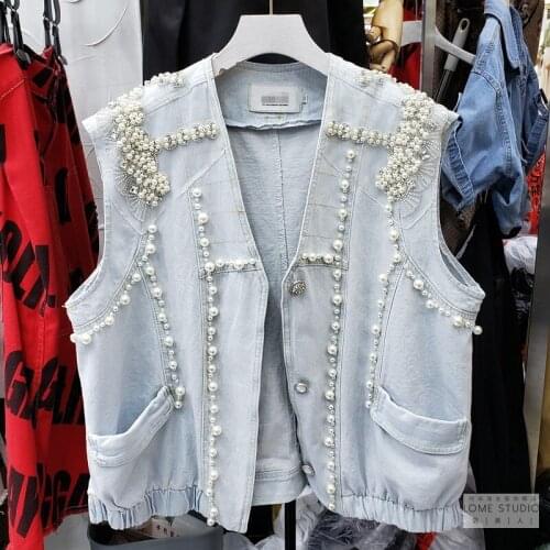 Vadim Time-limited Beading Pockets Pearls Womens Waistcoat 2020 New Sleeveless Vest Heavy Industry Beaded Loose Short Women