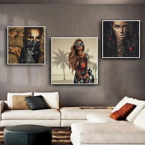 Abstract Cool Sexy Girl Tattoo Canvas Painting Wear Glasses Sex Women Portrait Posters Prints Wall Art Pictures for Living Room