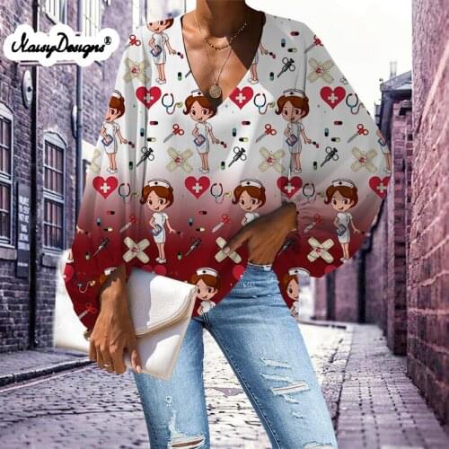 Noisydesigns Gradient Shirts Casual Lovely Nurse Equipment Cartoon Print Plus Size 4XL Womens Clothes Long Sleeve Blouse Female
