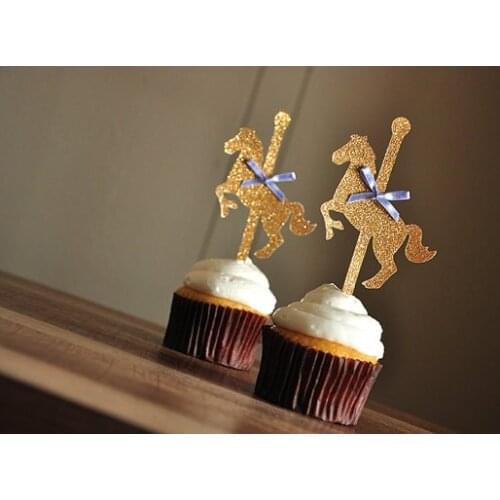 Glitter riboon Carousel horse Gold Cupcake Toppers magic Party Decor. picks Birthday wedding bridal baby shower