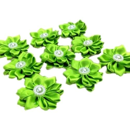 HL 20pcs 35mm Green ribbon pearl flower handmade s decoration sewing appliques garment hair DIY accessories A121
