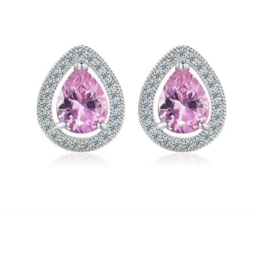 KOFSAC New Fashion 925 Sterling Silver Stud Earrings For Women Shiny CZ Luxury Pink Crystal Earring Jewelry Valentines Day Gift