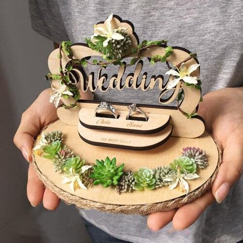 Ring Pillow For Wedding Marriage Photo Prop Engagament Party Decoration Mi Boda Rustic Flower Custom Name Wood Ring Box Discount